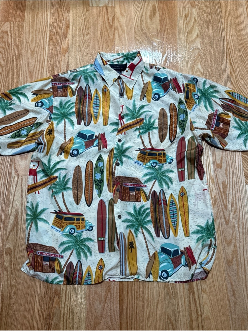 Vintage Silk Hawaiin Shirt Mens Size Large Surfboards Palm Trees Silk Traders